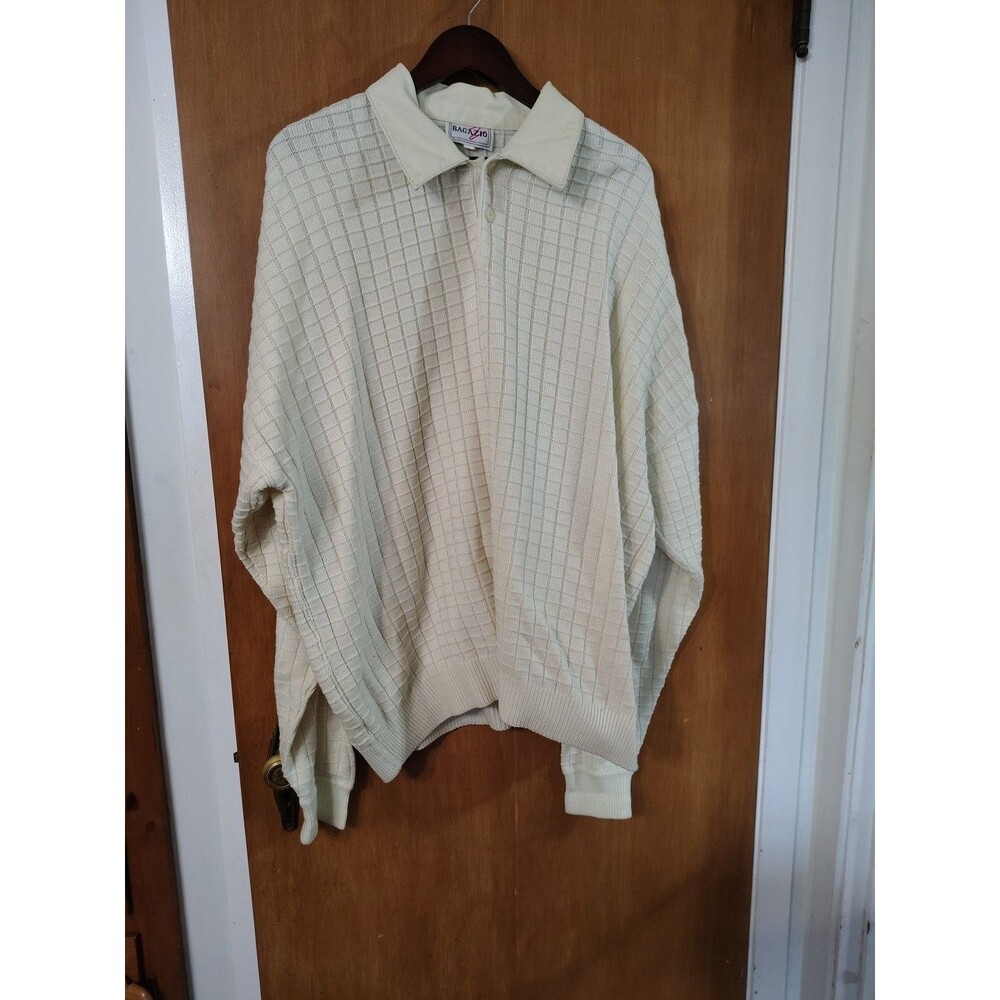 VTG 90s Bagazio Real Leather Wool Blend Cream Knit Sweater